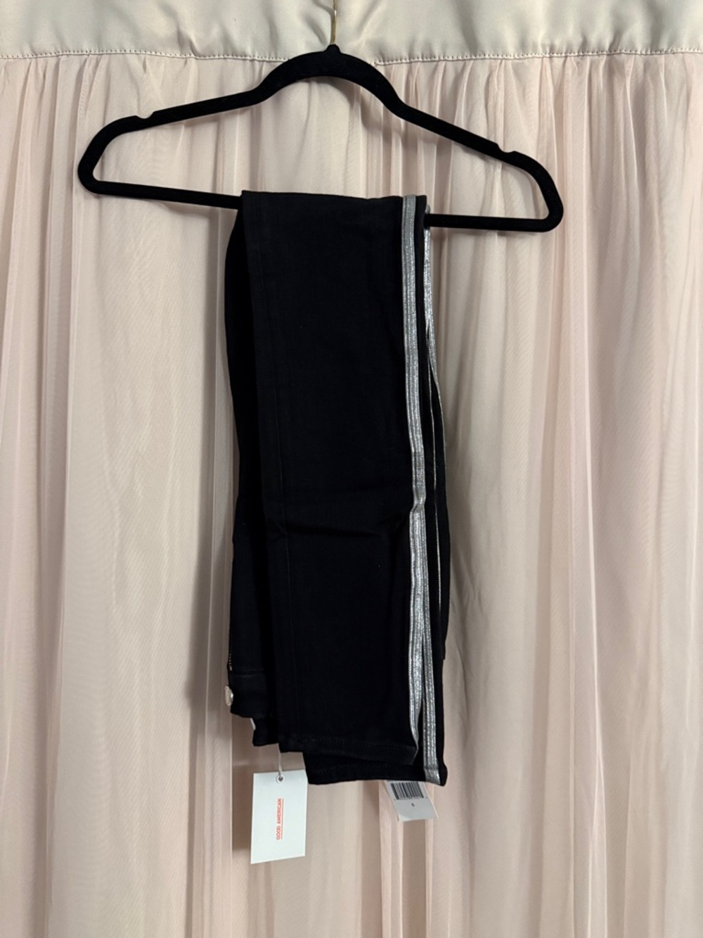 Good American Black Skinny Pants with Silver Side Stripe